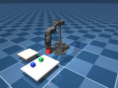 A robot arm over a bench of coloured cubes
